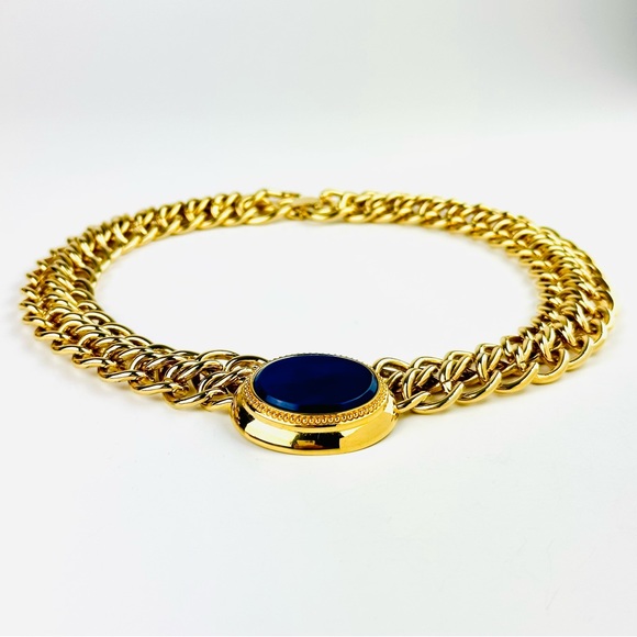 VTG 80s Monet Chunky Chain Link Blue Lapis Glass Gold Plated Collar Necklace - Picture 8 of 14